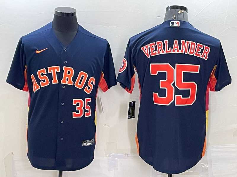 Mens Houston Astros #35 Justin Verlander Number Navy Blue With Patch Stitched MLB Cool Base Nike Jersey